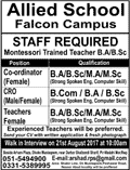 Allied School Falcon Campus Rawalpindi Jobs August 2017 Teachers, Coordinators & CRO Walk in Interview Latest