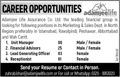 Adamjee Life Insurance Pakistan Jobs August 2017 Financial Advisors, Managers, Lead Generating Officers & Receptionist Latest