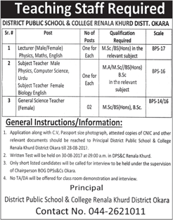 District Public School and College Renala Khurd Jobs August 2017 Okara Teaching Faculty Latest