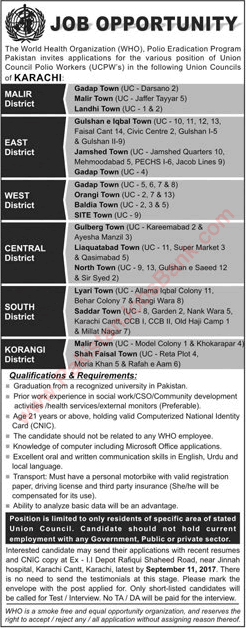 Union Council Polio Worker Jobs in Karachi 2017 August / September WHO Polio Eradication Program Latest