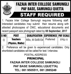 Teaching Jobs in Fazaia Inter College Samungli Quetta August 2017 September Latest