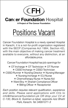 Cancer Foundation Hospital Karachi Jobs August 2017 September Nurses, Medical Technicians & Others Latest