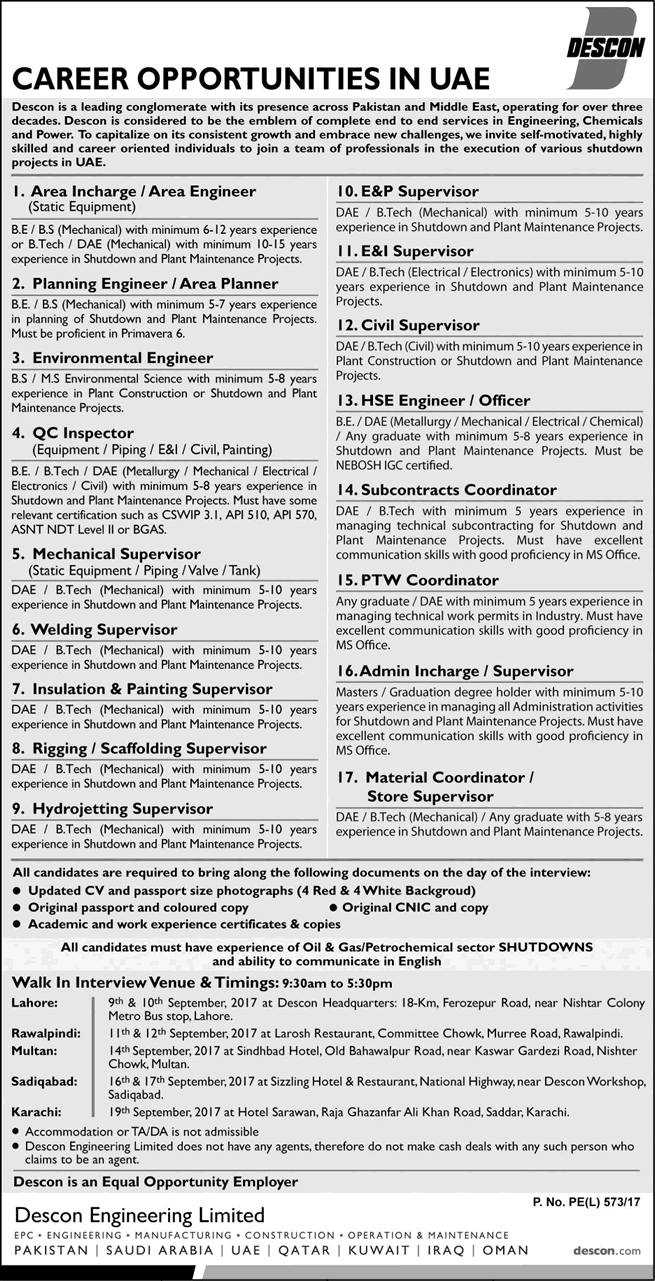 DESCON Engineering UAE Jobs August 2017 September Civil / Mechanical Engineers & Others Latest