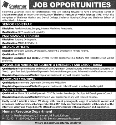 Shalamar Hospital Lahore Jobs August 2017 September Medical Officers, Nurses & Others SIHS Latest