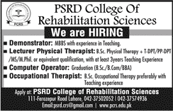 PSRD College of Rehabilitation Sciences Lahore Jobs 2017 August / September Latest
