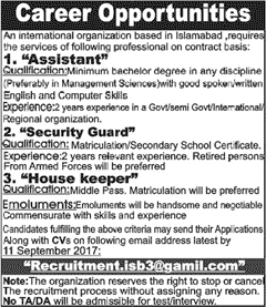 Assistant, House Keeper & Security Guard Jobs in Islamabad August 2017 September Latest
