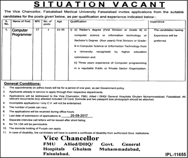 Computer Programmer Jobs in Faisalabad Medical University September 2017 FMU Latest