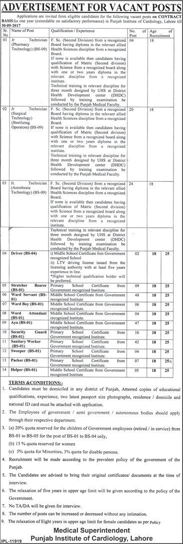 Punjab Institute of Cardiology Lahore Jobs September 2017 Ward Servants, Sanitary Workers, Aya & Others Latest