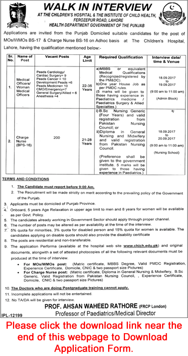 Children's Hospital Lahore Jobs September 2017 Walk in Interview Nurses & Medical Officers CHICH Latest