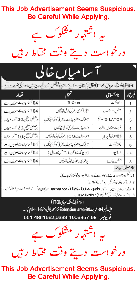 Islamabad Testing Service Jobs 2017 September ITS Invigilators, Test Center Supervisors & Others Latest