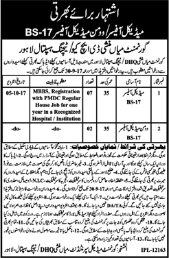 Medical Officer Jobs in Mian Munshi DHQ / Teaching Hospital Lahore 2017 September Latest