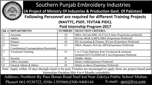 Southern Punjab Embroidery Industries Multan Jobs September 2017 SPEI Paid Internship Program Latest