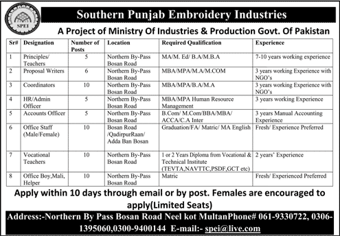 Southern Punjab Embroidery Industries Multan Jobs September 2017 Vocational Teachers & Others Latest