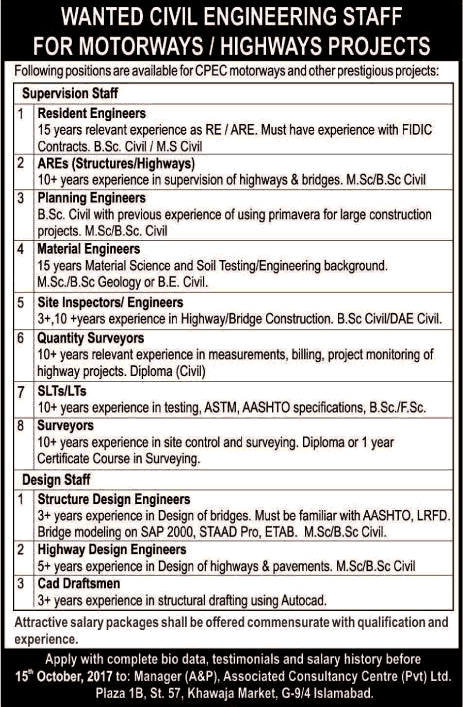 Associated Consultancy Centre Pvt Ltd Pakistan Jobs September 2017 Civil Engineers & Others Latest
