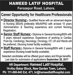 Hameed Latif Hospital Lahore Jobs 2017 September Staff Nurses & Nursing Director Latest