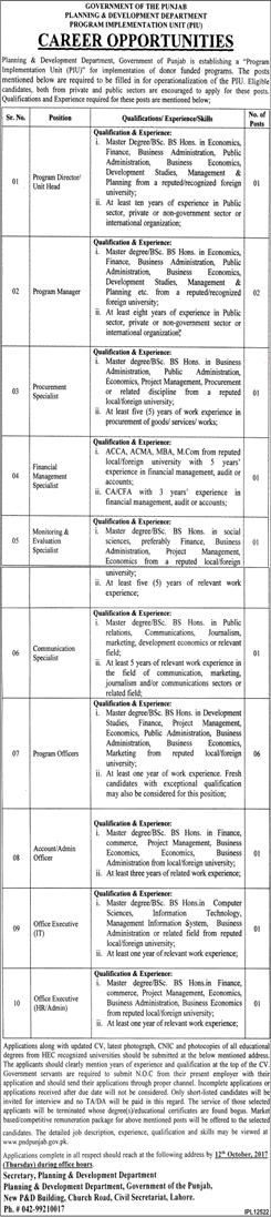 Planning and Development Department Punjab Jobs September 2017 Program Officers, Managers & Others Latest