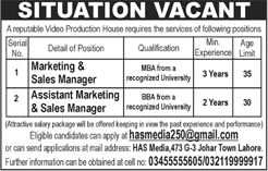 Marketing & Sales Manager Jobs in Lahore September 2017 Video Production House Latest