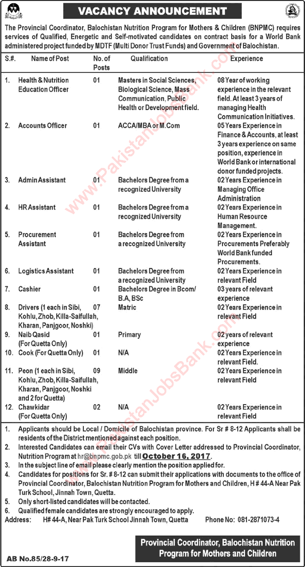 Balochistan Nutrition Program for Mothers and Children Jobs 2017 September / October BNPMC Latest