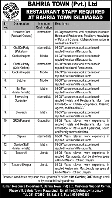 Bahria Town Islamabad Jobs October 2017 Cooks / Chefs, Stewards, GRO & Others Latest