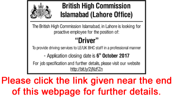 Driver Jobs in British High Commission Lahore 2017 October Latest