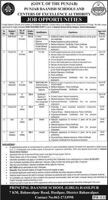 Danish School Hasilpur Jobs October 2017 Staff Nurse, Nursing Attendant & Others Latest