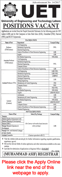 UET Lahore Jobs October 2017 Apply Online Teaching Faculty & Admin Staff Latest