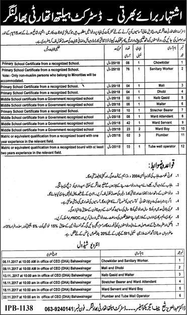 Health Department Bahawalnagar Jobs October 2017 Ward Servants / Boys , Sanitary Workers & Others Latest