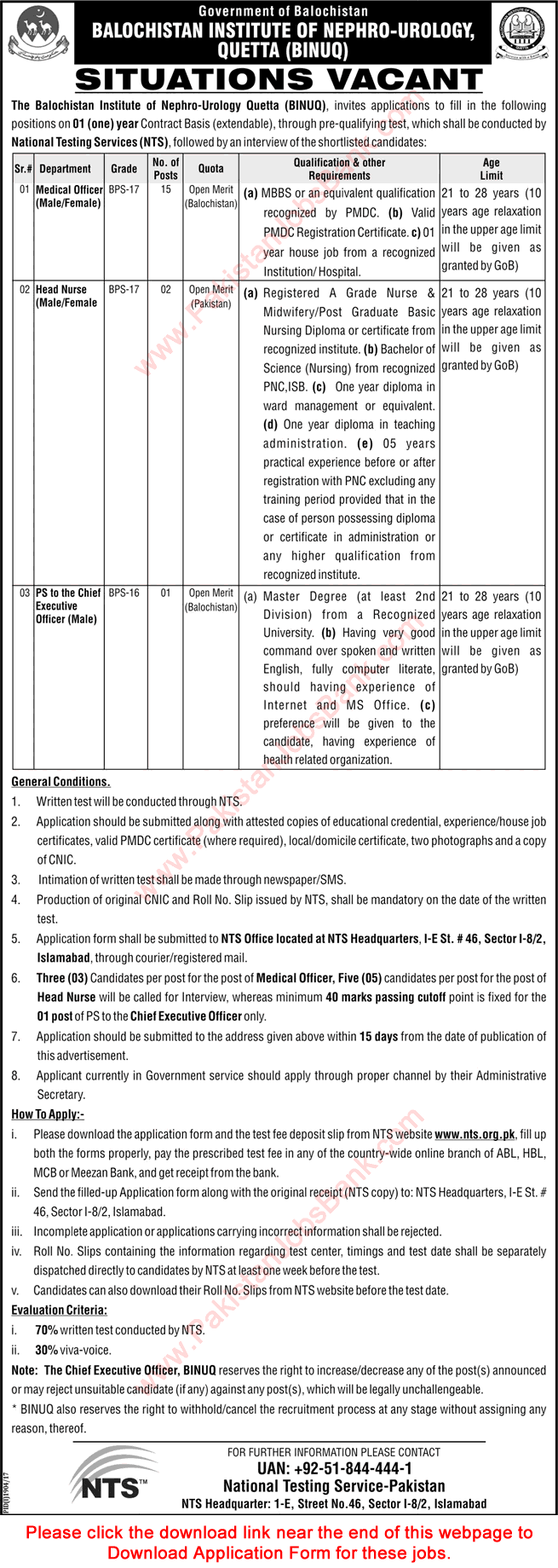 Balochistan Institute of Nephro Urology Quetta Jobs October 2017 NTS Application Form Medical Officers & Others Latest