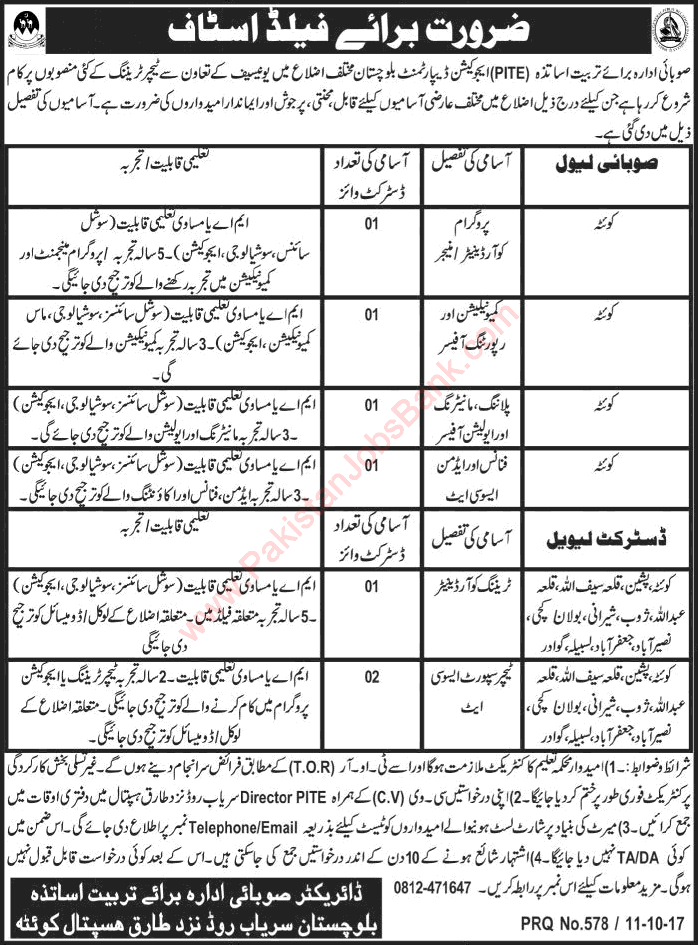 Provincial Institute of Teachers Education Balochistan Jobs 2017 October Training Coordinators & Others PITE Latest