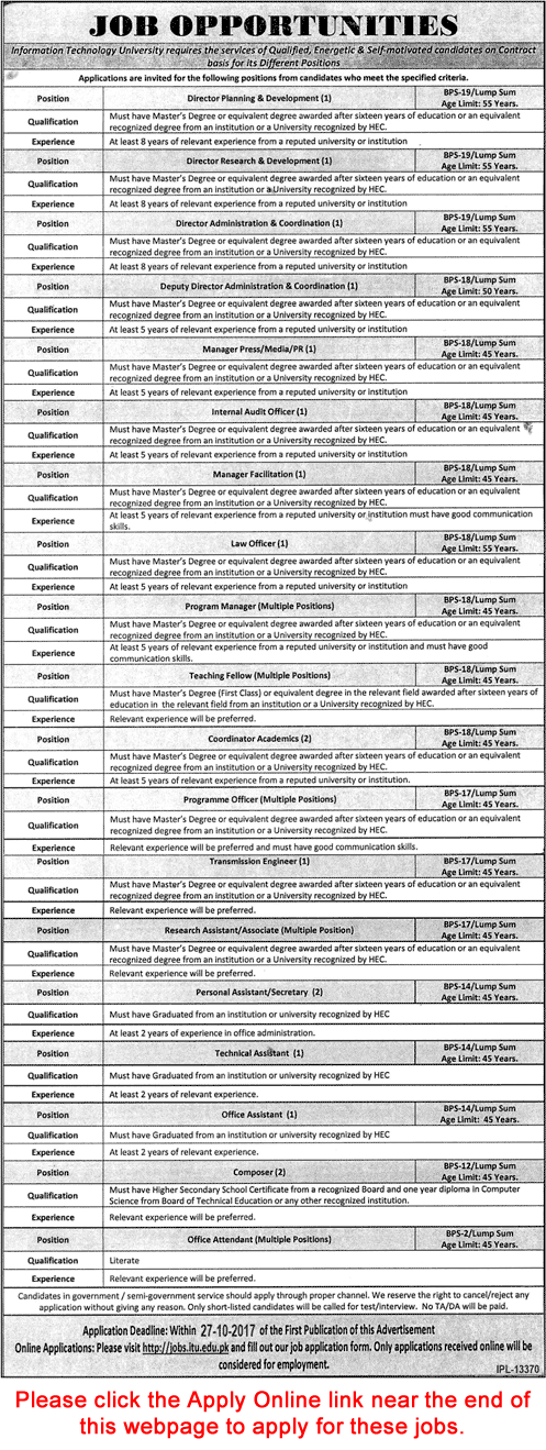 Information Technology University Lahore Jobs October 2017 Apply Online Latest Advertisement