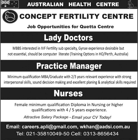 Concept Fertility Centre Quetta Jobs October 2017 Lady Doctors, Practice Manager, Nurses Latest