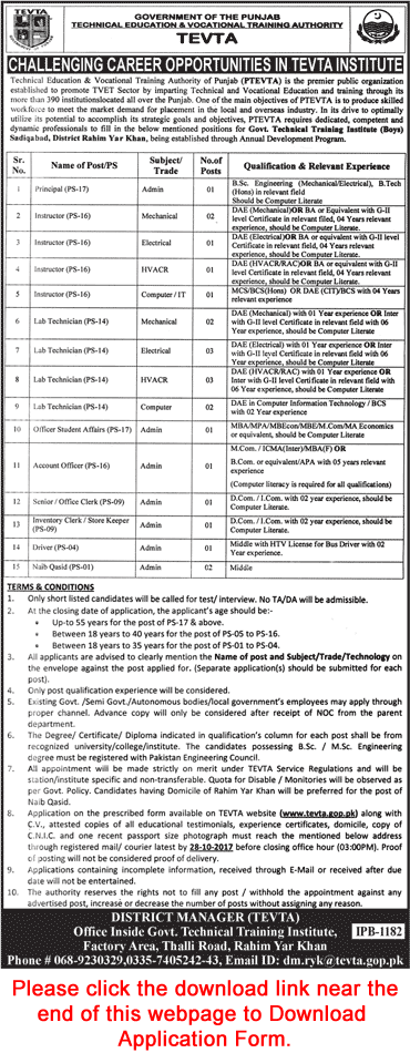 TEVTA Jobs October 2017 Rahim Yar Khan Application Form at Government Technical Training Institute Latest