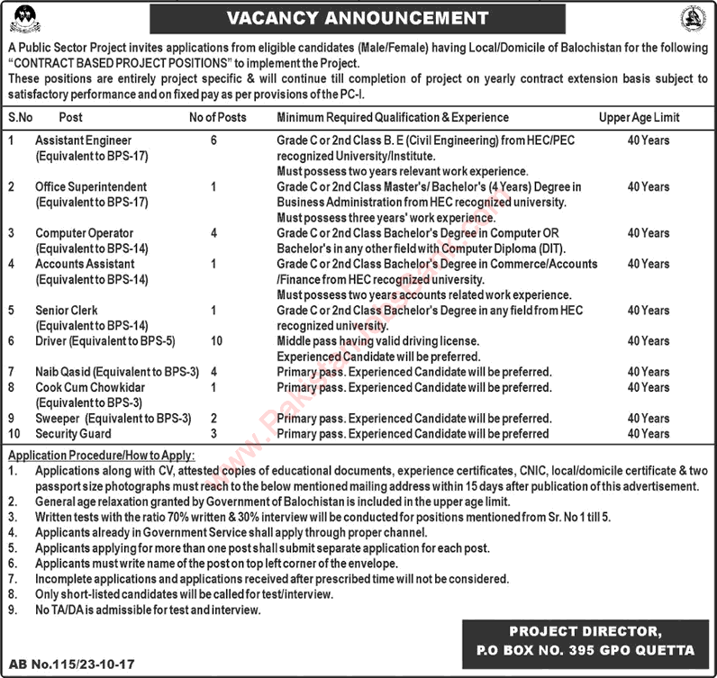 PO Box 395 GPO Quetta Jobs 2017 October Civil Engineers, Naib Qasid, Drivers & Others Latest