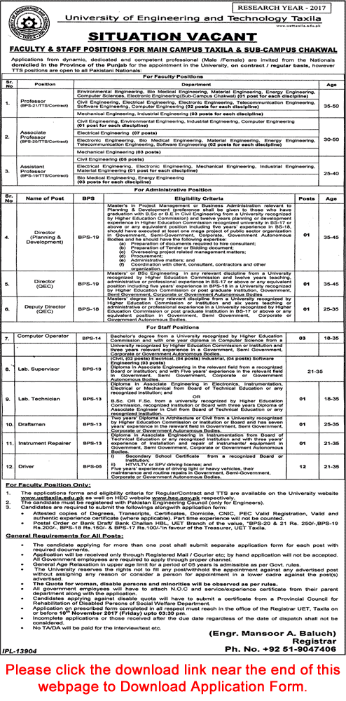UET Taxila Jobs October 2017 Application Form University of Engineering and Technology Latest