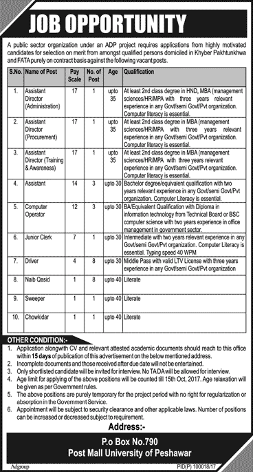 PO Box 790 Post Mall University of Peshawar Jobs 2017 October Computer Operators, Naib Qasid & Others Latest