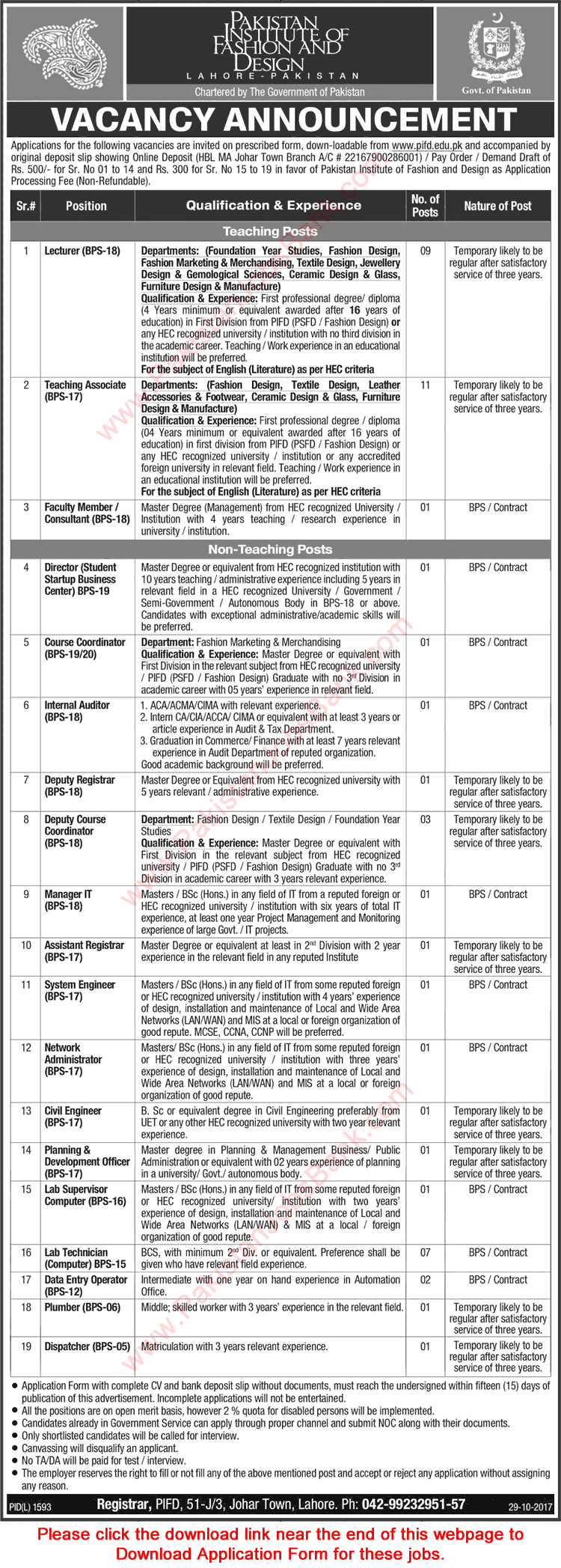 Pakistan Institute of Fashion and Design Lahore Jobs October 2017 November Application Form PIFD Latest