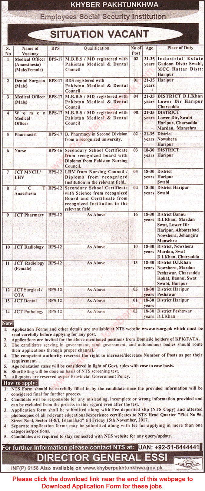 Employees Social Security Institution KPK Jobs November 2017 NTS Application Form Download ESSI Latest