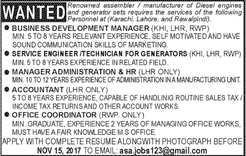 Diesel Engine Manufacturer Company Jobs in Pakistan November 2017 Business Development Managers Latest