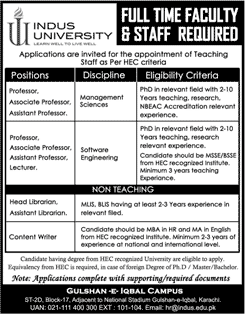 Indus University Karachi Jobs November 2017 Teaching Faculty & Others Latest