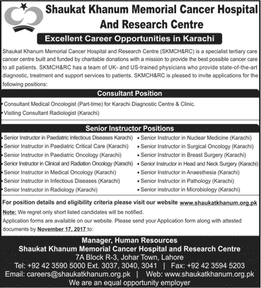 Shaukat Khanum Hospital Karachi Jobs November 2017 Medical Instructors & Consultants Latest