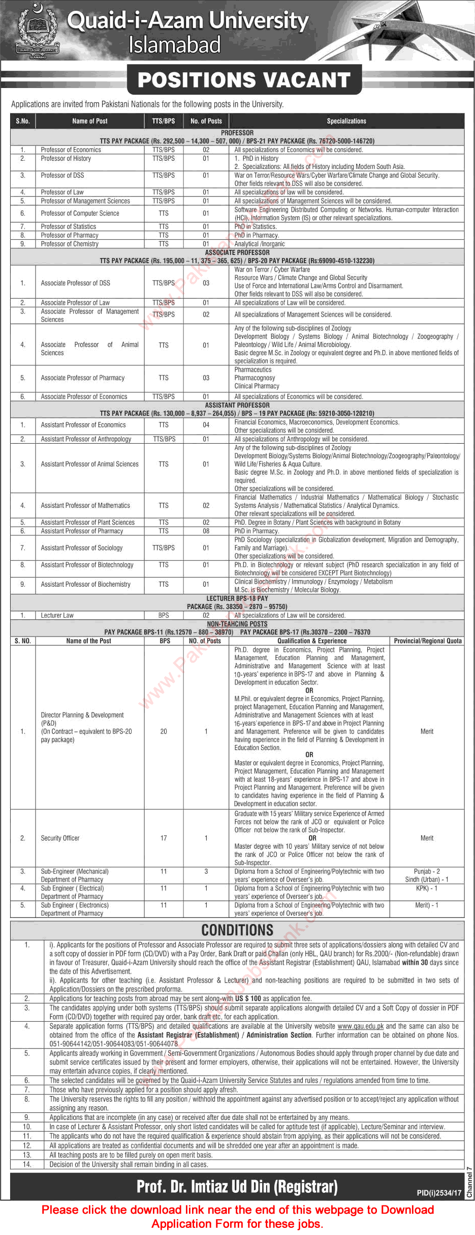 Quaid-e-Azam University Islamabad Jobs November 2017 Application Form Teaching Faculty & Others Latest