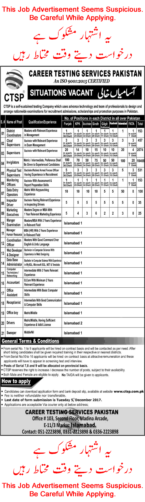 Career Testing Services Pakistan Jobs 2017 November Invigilators, Supervisors, District Coordinators Latest