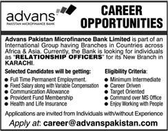 Relationship Officer Jobs in Advans Pakistan Microfinance Bank Karachi November 2017 Latest