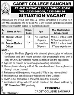 Medical Officer Jobs in Cadet College Sanghar November 2017 Latest