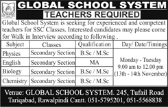 Teaching Jobs in Rawalpindi November 2017 at Global School System Walk in Interview Latest