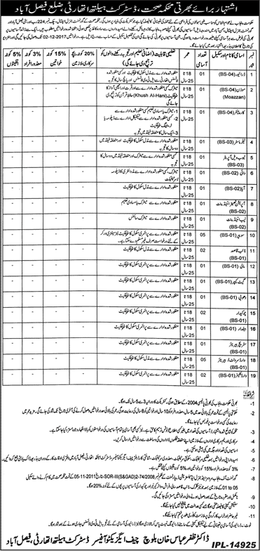 Health Department Faisalabad Jobs November 2017 Ward Servants, Sweepers, Naib Qasid & Others Latest