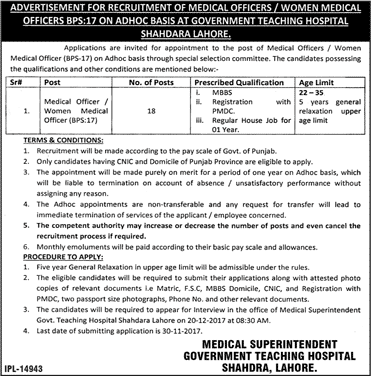 Medical Officer Jobs in Government Teaching Hospital Shahdara Lahore November 2017 Latest