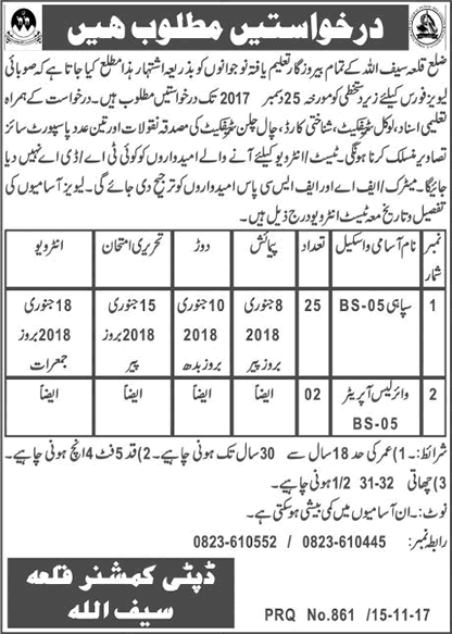 Balochistan Levies Force Jobs November 2017 Killa Saifullah Sipahi & Wireless Operators Latest