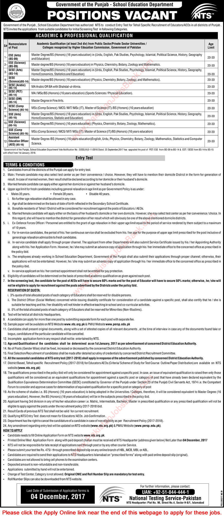 School Education Department Punjab Jobs November 2017 NTS Online Application Form Educators & Assistant Education Officers Latest