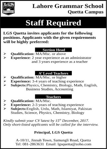 Lahore Grammar School Quetta Campus Jobs November 2017 December Teachers & Section Head Latest